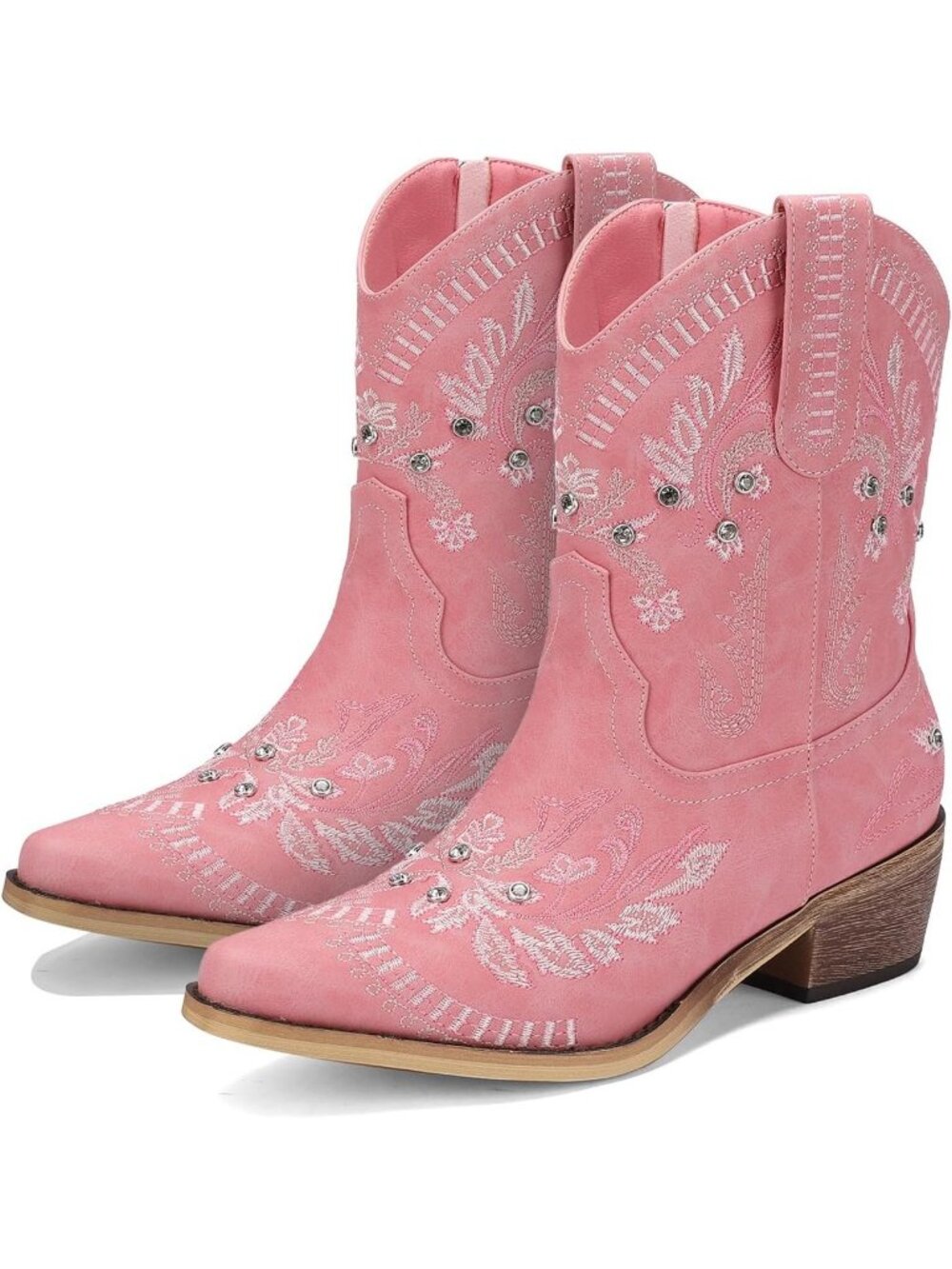 Women's Pink Embroidered Cowgirl Chunky Heel Side Zipper Western Booties - Picture 6 of 7